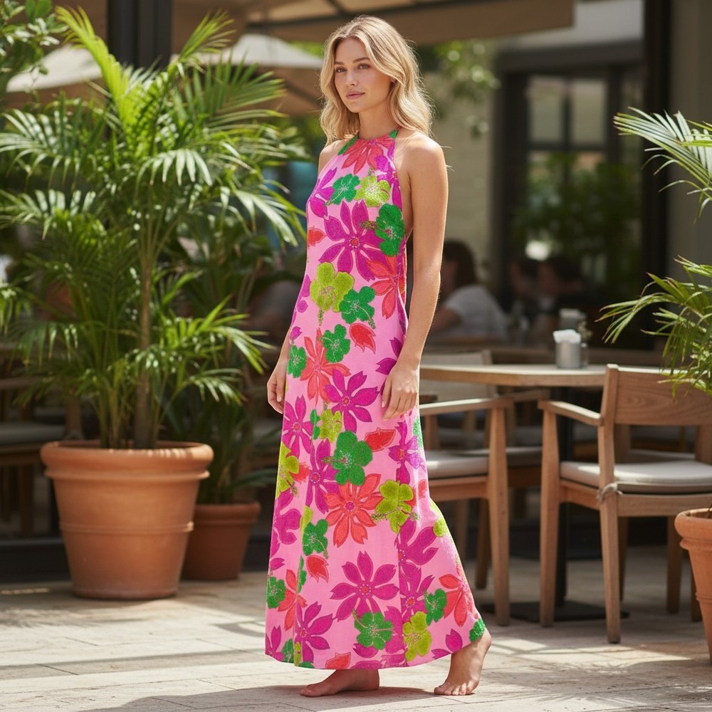 Vintage 60s 70s Pomare Tahiti Maxi Dress Hawaii Floral Bright Electric Colors